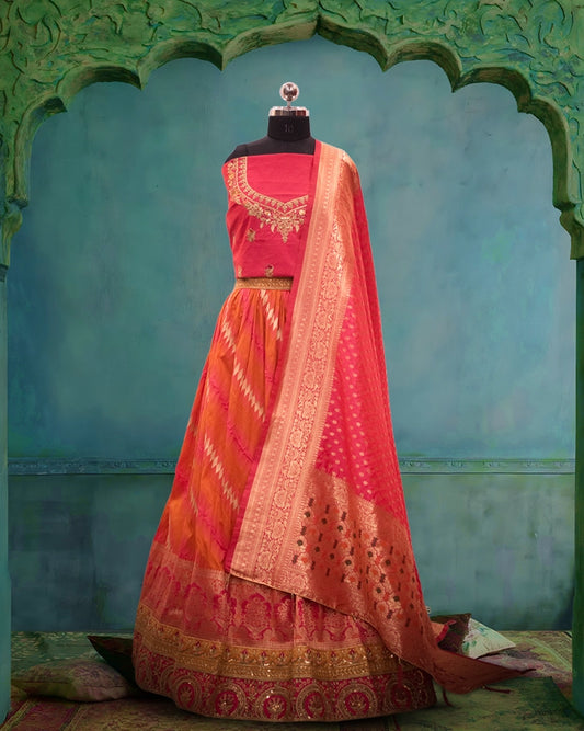 Embroidered Banarasi Silk Unstitched Lehenga in Orange